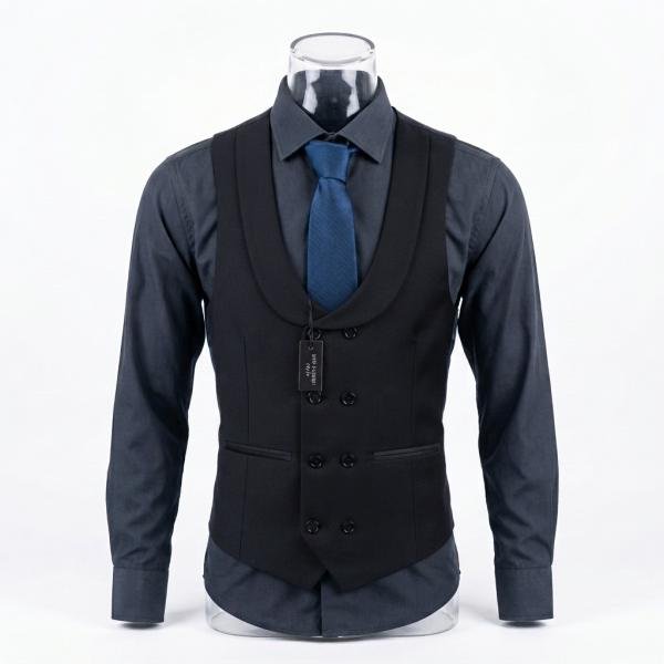 Gilet de Service Moderne Double Boutonnage – Noir Mat